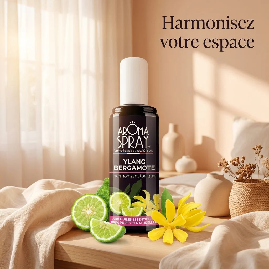 Spray Ylang Bergamote Aromaspray dans chambre lumineuse avec fleurs et agrumes