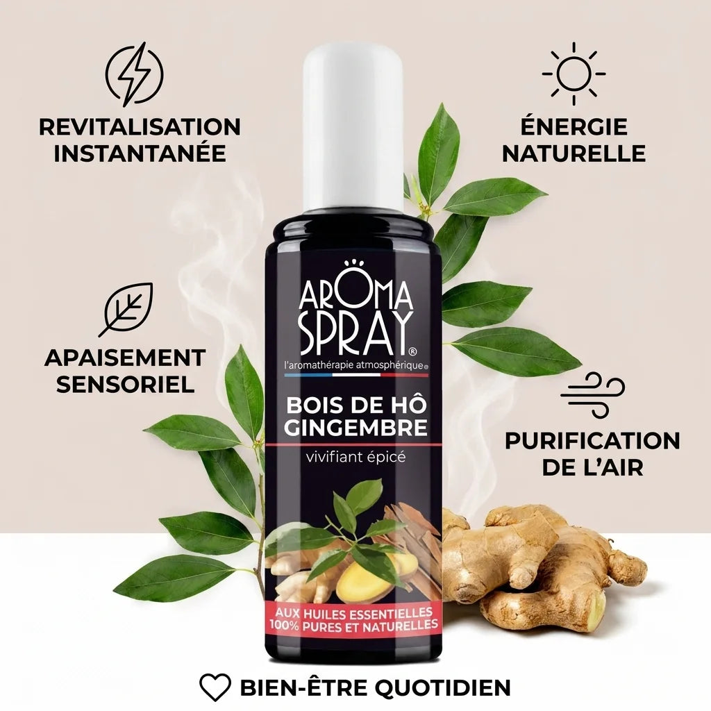 Spray Aromaspray Bois de Hô Gingembre avec infographie des 5 bénéfices: revitalisation, énergie, apaisement, purification et bien-être