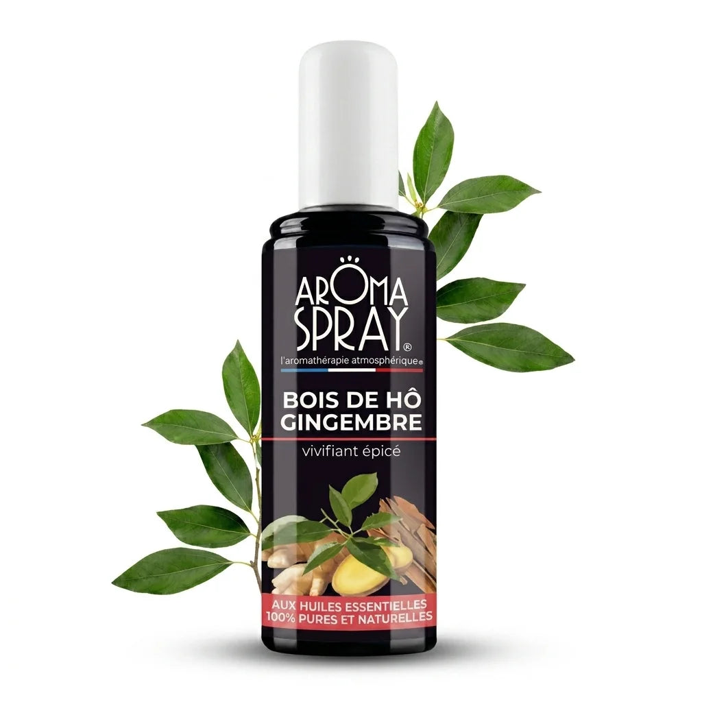 Spray d'atmosphère Bois de Hô et Gingembre en flacon verre noir sur fond blanc