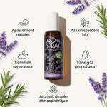 Spray Lavande Romarin Bio avec infographie des bénéfices : apaisement, assainissement, sommeil réparateur
