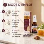 Spray de propolis brune Propolia 20ml avec guide d'utilisation en 3 étapes sur surface marbre