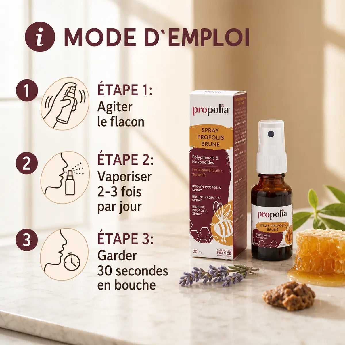 Spray de propolis brune Propolia 20ml avec guide d'utilisation en 3 étapes sur surface marbre
