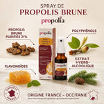 Spray de propolis brune Propolia 20ml avec ingrédients naturels et flavonoïdes sur marbre blanc