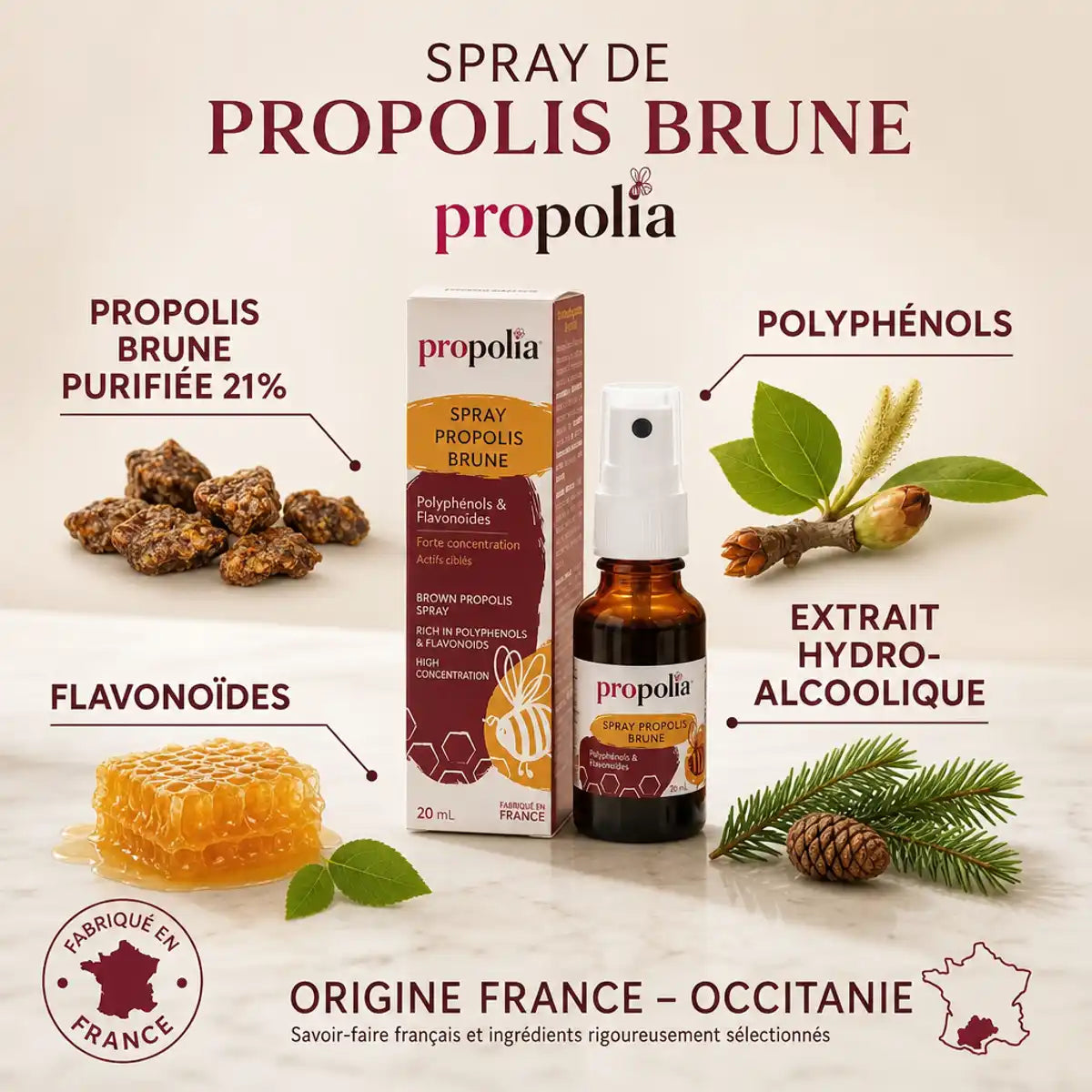 Spray de propolis brune Propolia 20ml avec ingrédients naturels et flavonoïdes sur marbre blanc