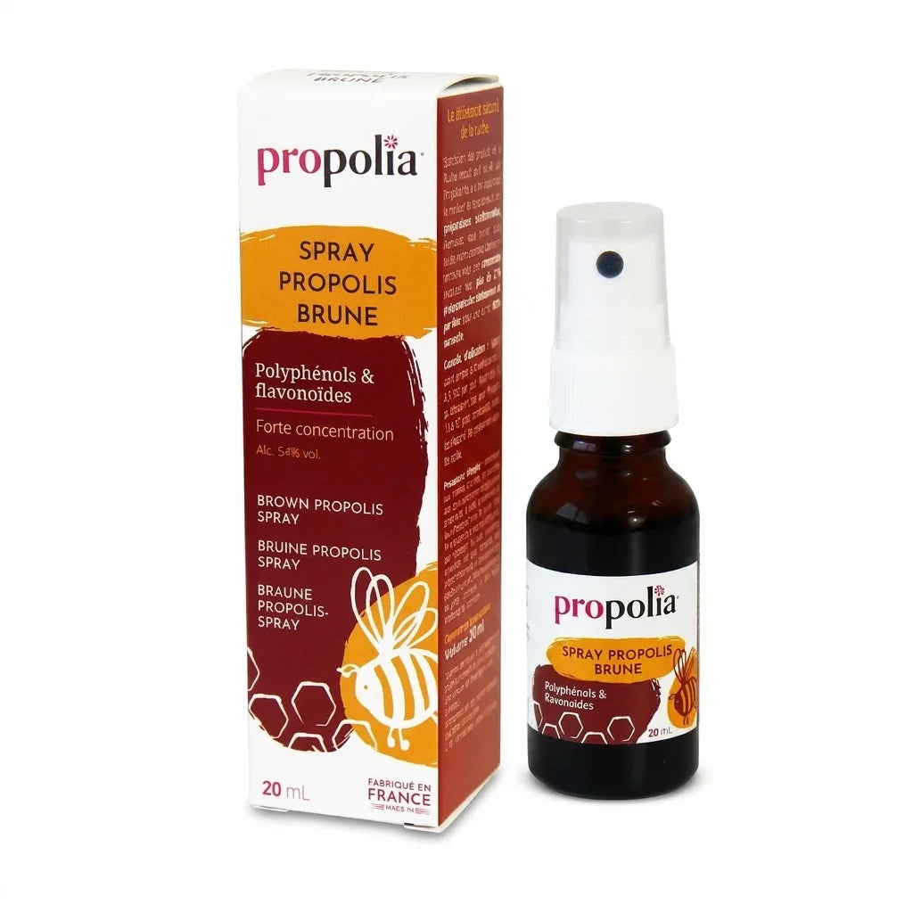 Spray de propolis brune Propolia 20ml avec pompe, flacon sur fond blanc