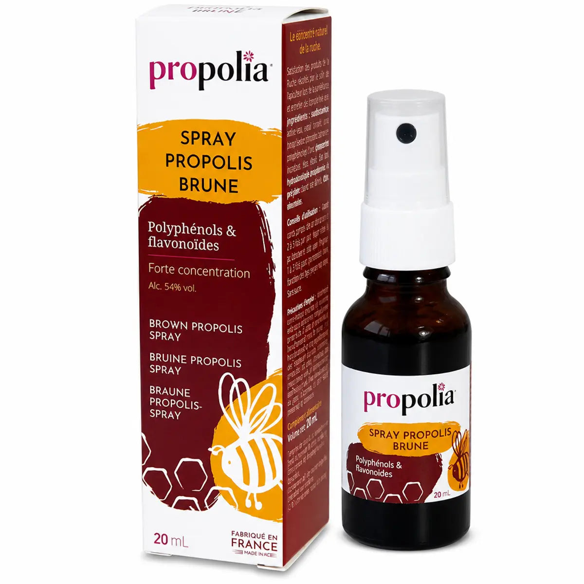 Spray de propolis brune Propolia 20ml avec son emballage sur fond blanc