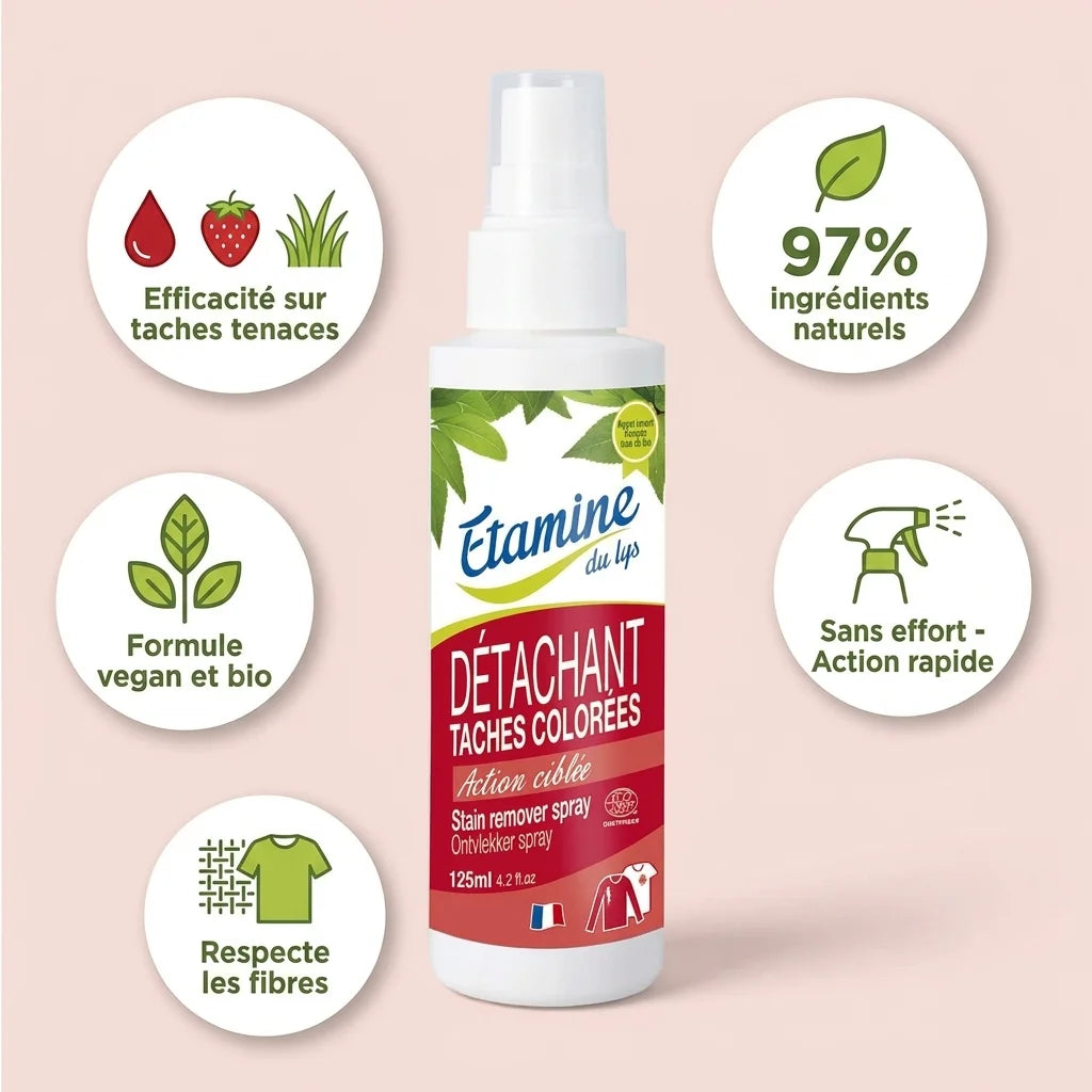 Spray détachant bio Etamine du Lys avec infographie avantages produits naturels et vegan