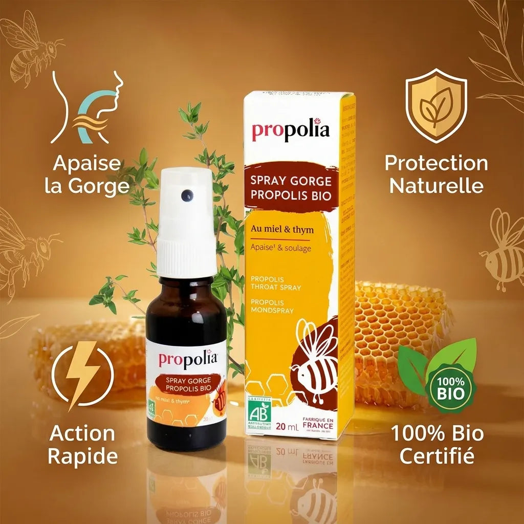 Spray Gorge Bio Propolia - Propolis, Miel et Thym avec bénéfices naturels certifiés bio