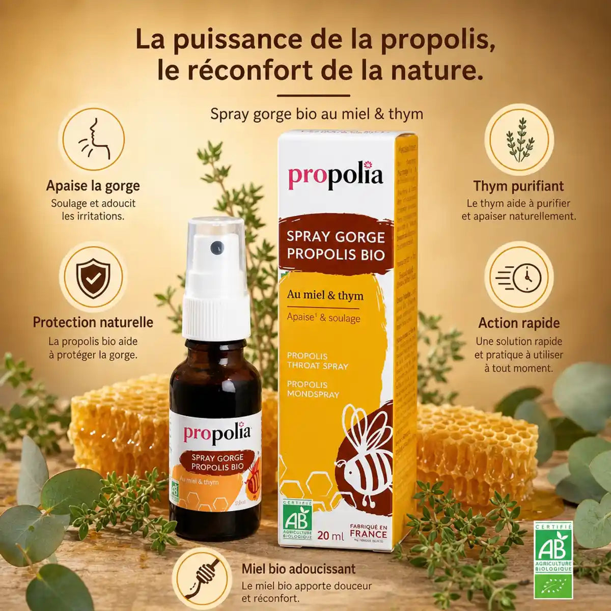 Spray gorge Bio Propolia à la propolis, miel et thym avec ses bénéfices naturels