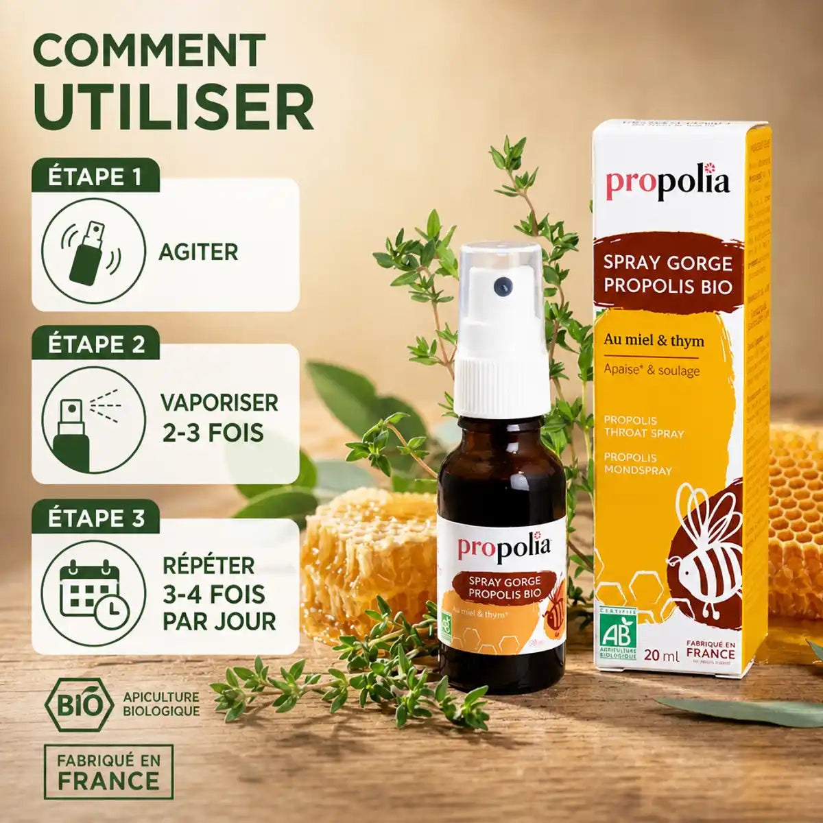 Spray gorge Bio Propolia propolis miel thym avec guide utilisation étapes vaporisation