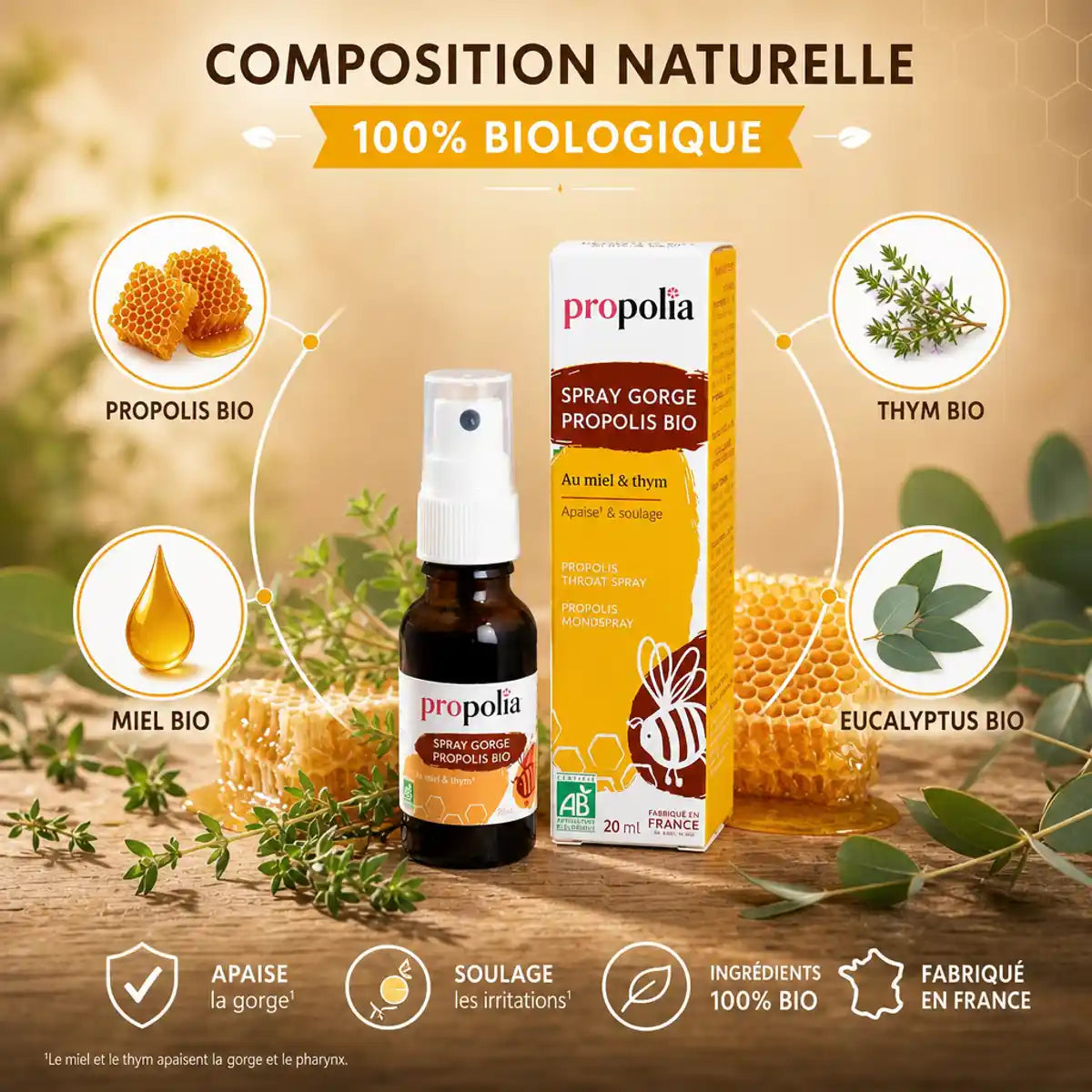 Spray gorge Bio Propolia avec propolis, miel et thym - composition naturelle 100% biologique