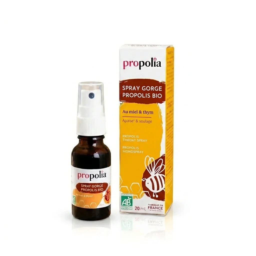 Spray gorge bio Propolia à la propolis, miel et thym avec emballage
