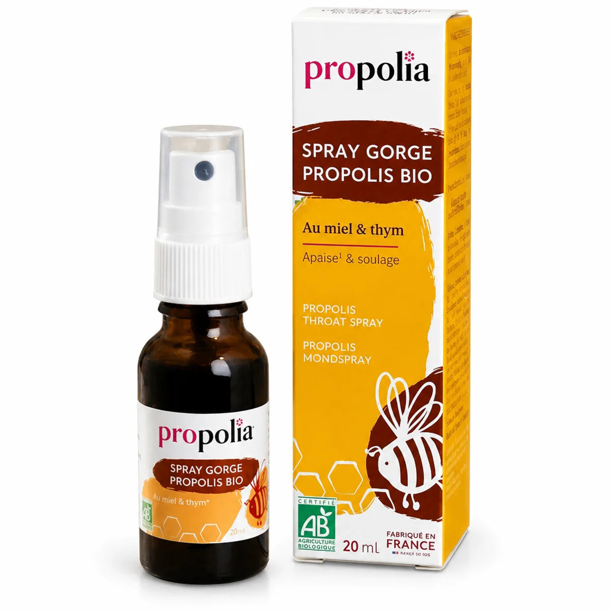 Spray gorge bio Propolia à la propolis, miel et thym en flacon verre avec packaging