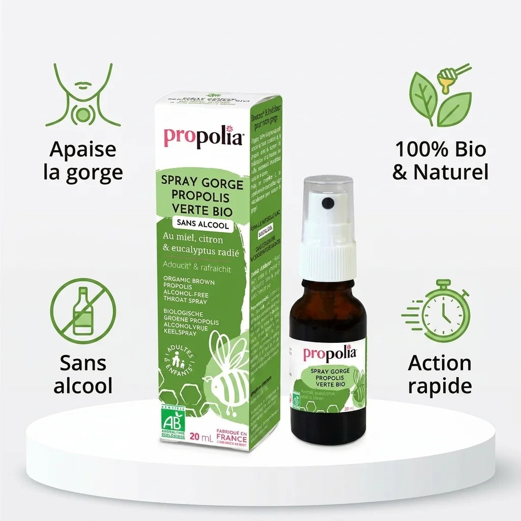 Spray propolis verte bio sans alcool Propolia avec bénéfices : apaise gorge, 100% naturel, action rapide