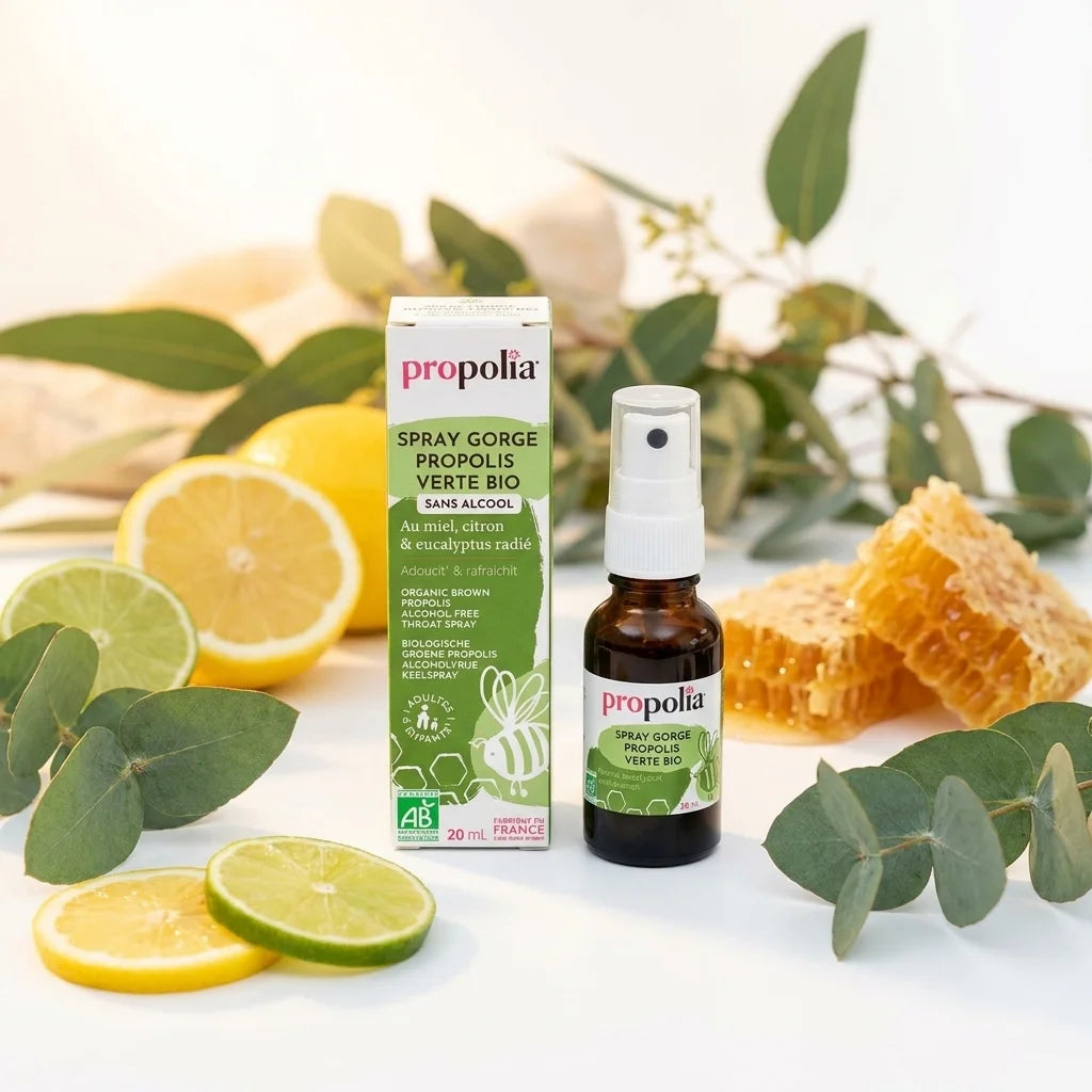 Spray gorge propolis verte bio sans alcool Propolia avec pompe, citron et feuilles eucalyptus