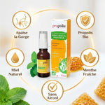 Spray Gorge Doux Bio Propolia 20ml miel propolis menthe - bénéfices et packaging