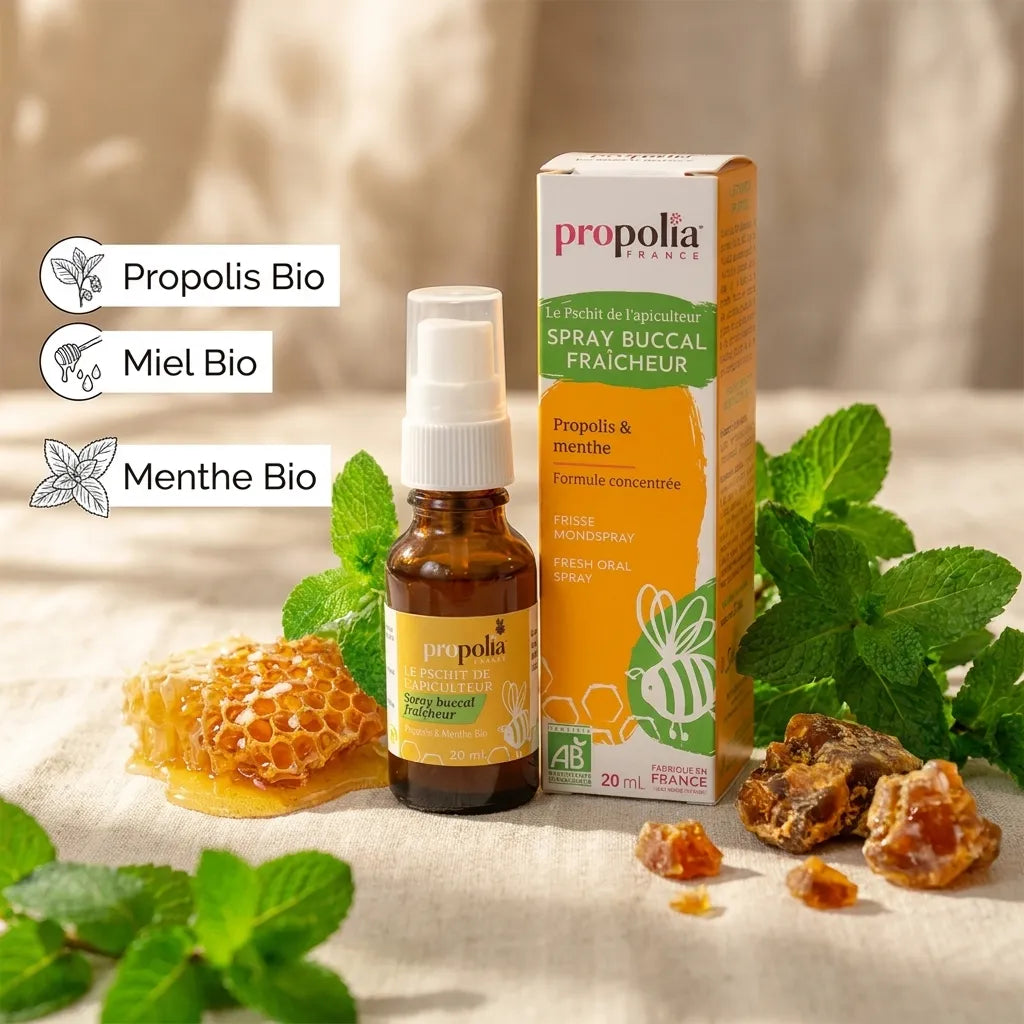 Spray gorge bio Propolia miel propolis menthe 20ml avec ingrédients naturels