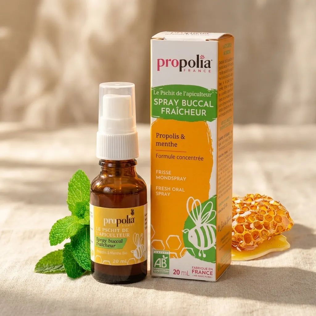 Spray Gorge Doux Bio Propolia miel propolis menthe 20ml avec feuilles menthe et miel naturel