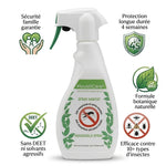 Spray Habitat anti-insectes MoustiCare avec flacon blanc et gâchette verte sur fond blanc