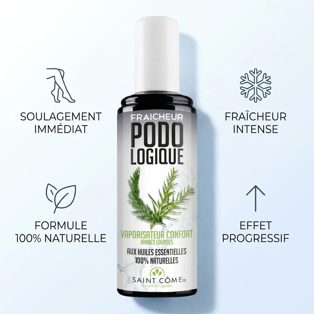 Spray jambes lourdes Saint Côme avec icônes bénéfices soulagement fraîcheur naturelle