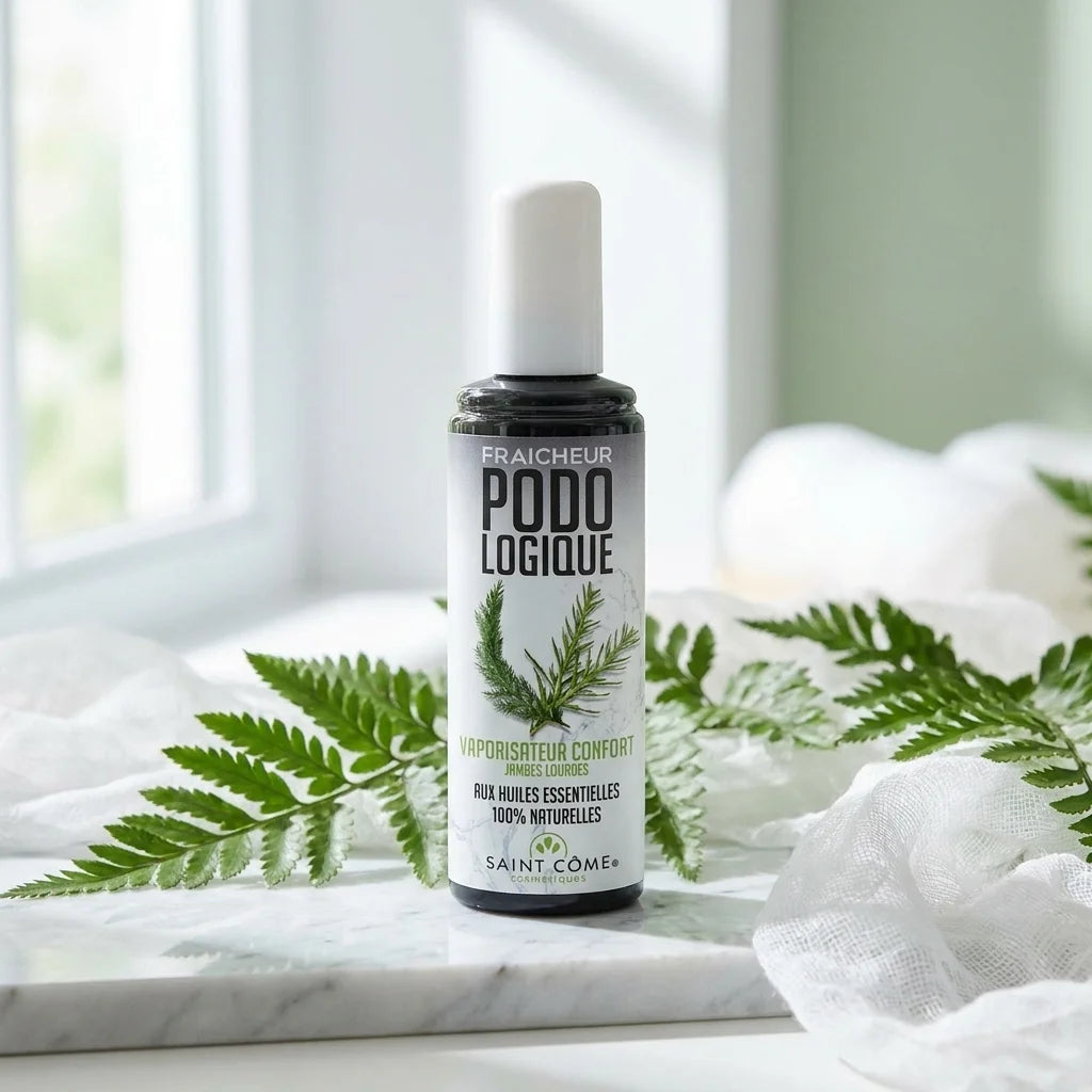 Spray jambes lourdes St Côme avec feuilles de fougère et tissu gaze sur marbre blanc