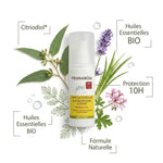 Spray Pranarom Aromapic anti-moustiques, flacon blanc avec badge 10H et ingrédients naturels bio