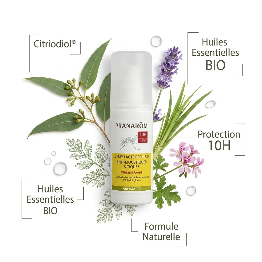 Spray Pranarom Aromapic anti-moustiques, flacon blanc avec badge 10H et ingrédients naturels bio