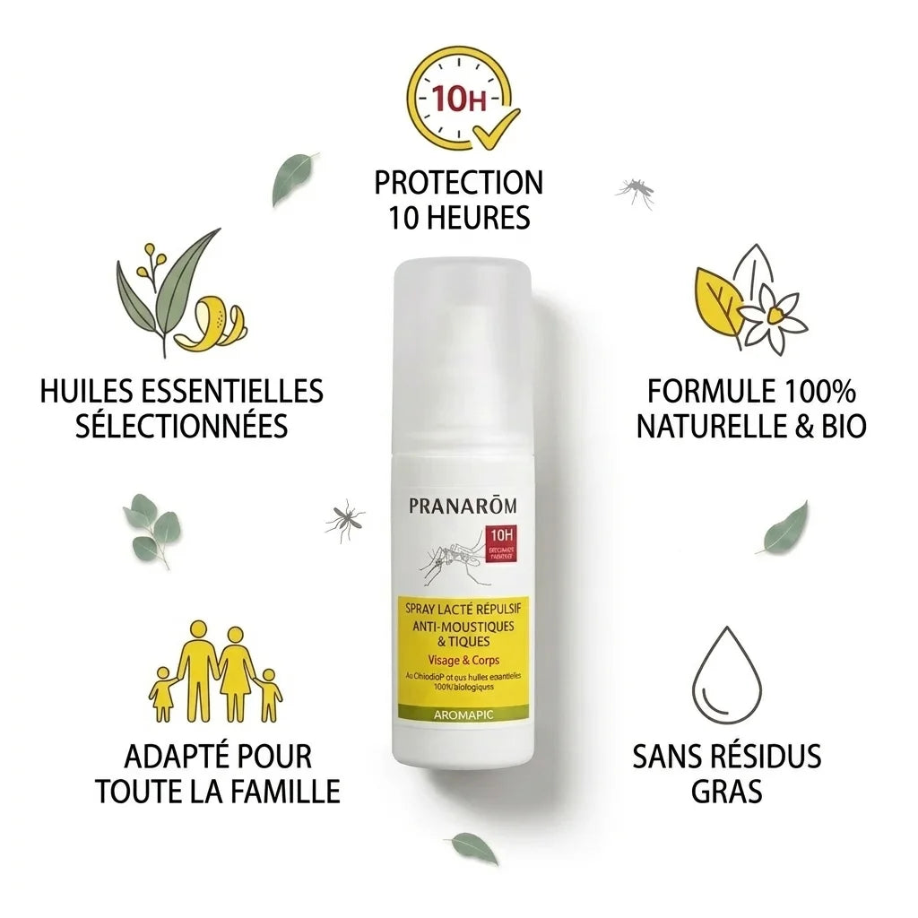 Spray lacté anti-moustiques et tiques Pranarom Aromapic sur fond blanc