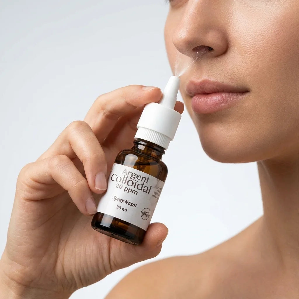 Spray nasal argent colloïdal Dr Theiss 20 ppm en utilisation, flacon verre applicateur blanc