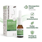 Spray nasal décongestionnant bio Pranarom avec ses bénéfits: décongestion rapide, sans accoutumance, huiles essentielles