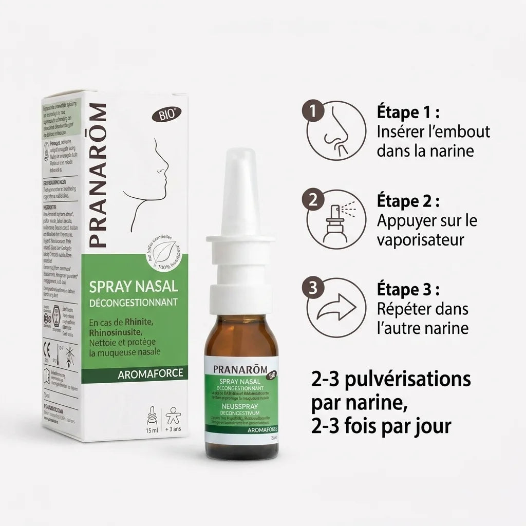 Spray nasal décongestionnant bio Pranarom avec mode d'emploi et dosage recommandé en 3 étapes