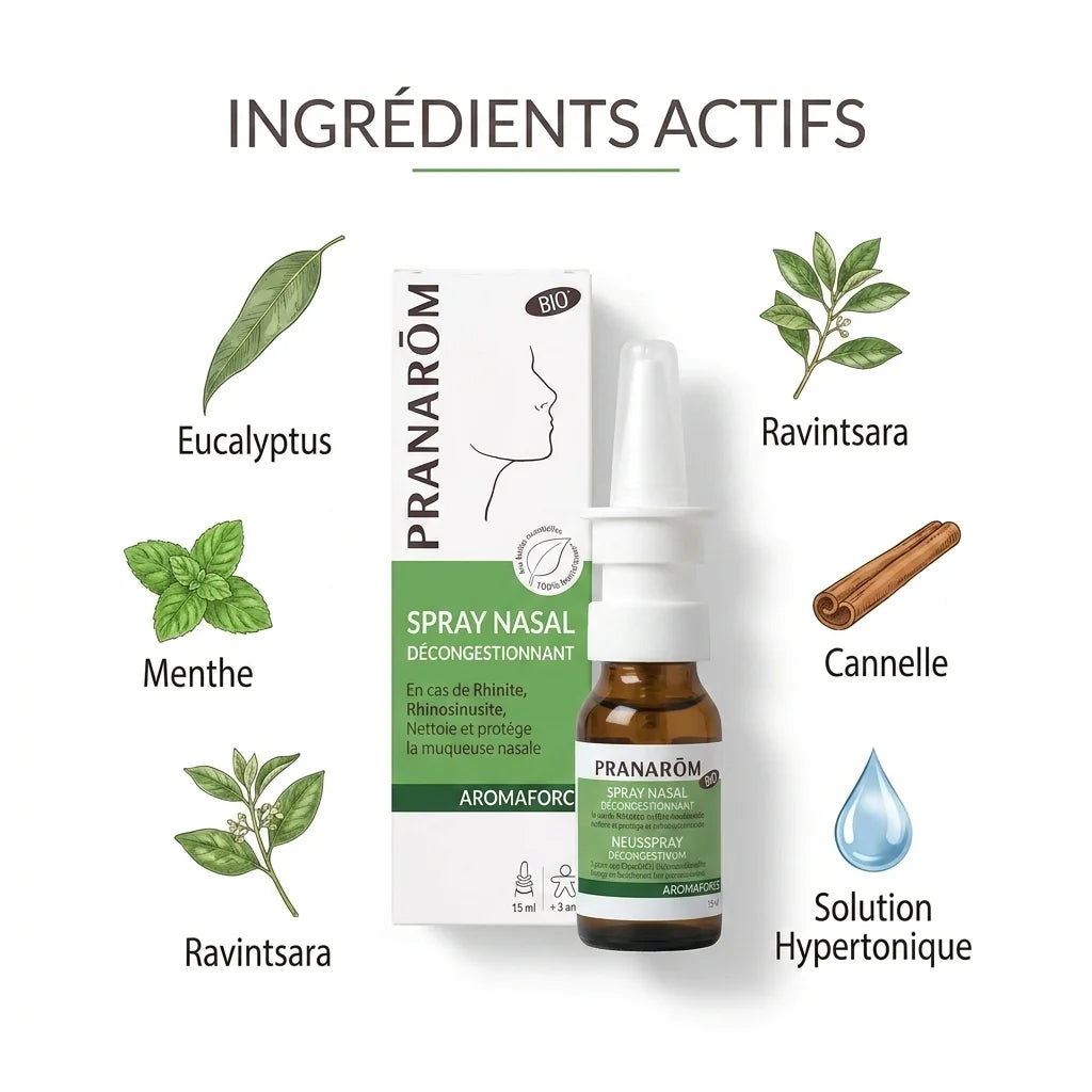 Spray nasal décongestionnant bio Pranarom avec ingrédients naturels eucalyptus menthe ravintsara