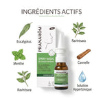 Spray nasal décongestionnant bio Pranarom avec ingrédients naturels eucalyptus menthe ravintsara