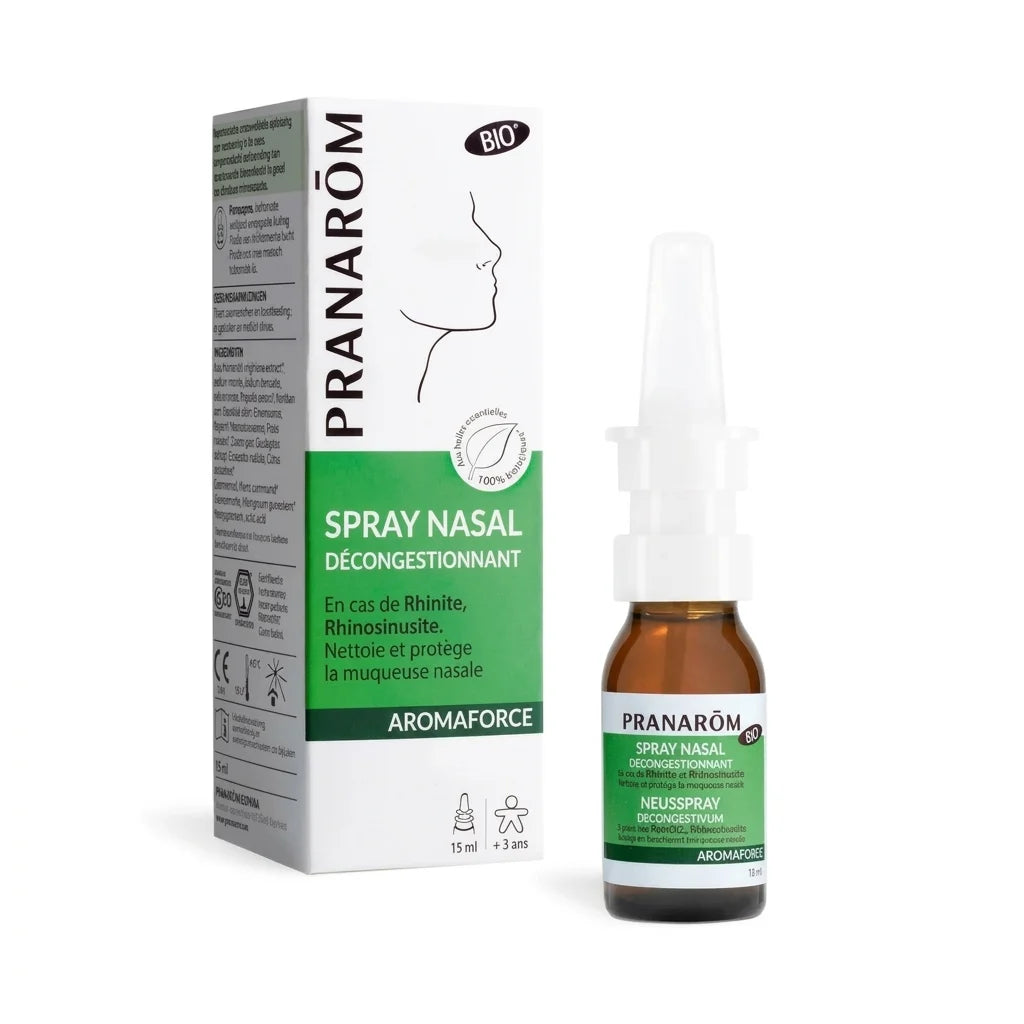 Spray nasal décongestionnant bio Pranarom flacon verre ambré avec bouchon blanc