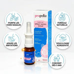 Spray nasal Propolia Propolis Miel avec icônes bénéfices : purifie, apaise, 99% naturel, dès 3 ans