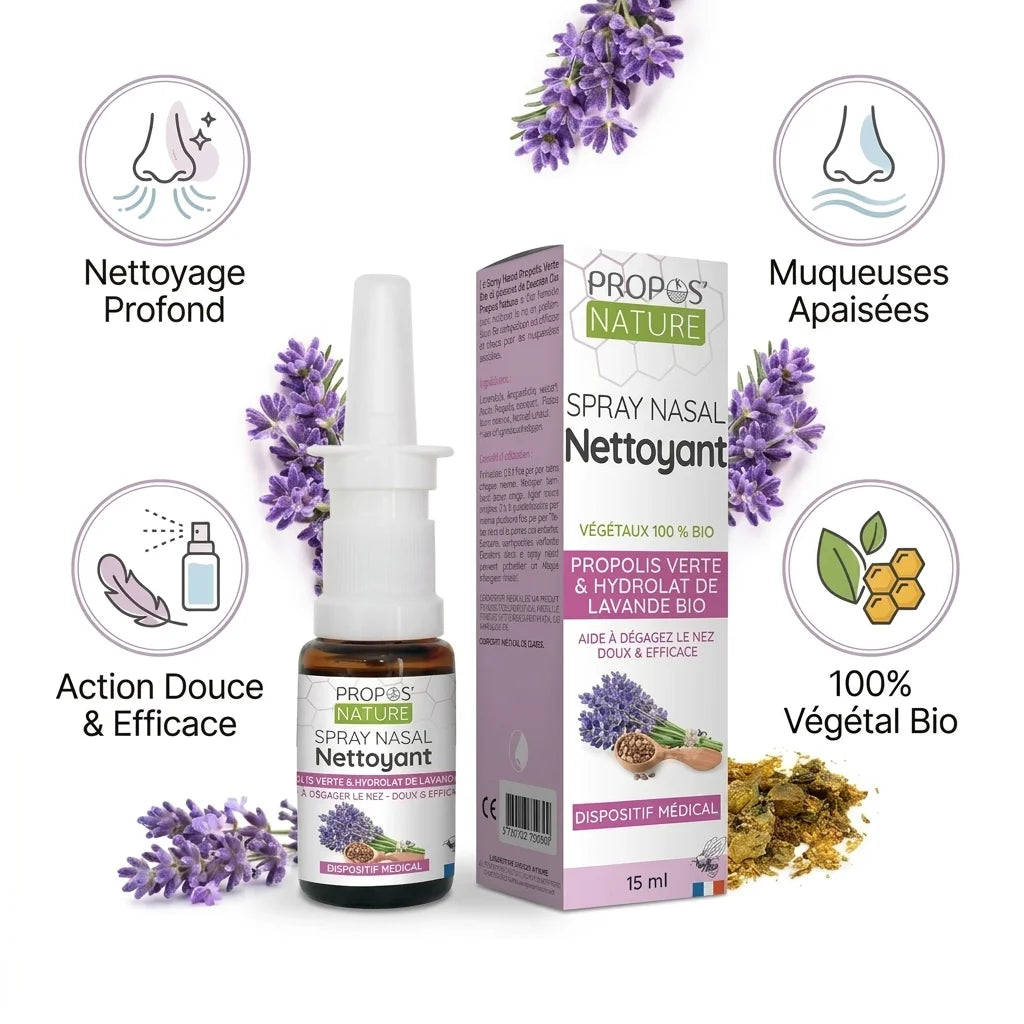 Spray nasal Propolis Verte Bio et Lavande bio Propos'Nature sur fond blanc