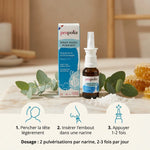 Spray Nasal Purifiant Propolia avec mode d'emploi illustré et ingrédients naturels sur marbre