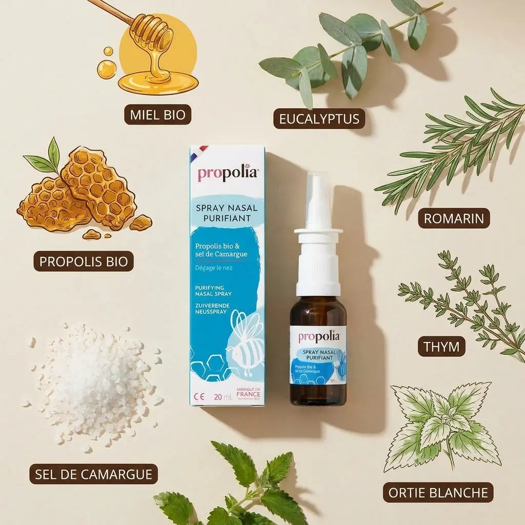 Spray Nasal Purifiant Propolia avec ingrédients naturels : propolis, sel de Camargue, miel bio, eucalyptus