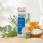 Spray Nasal Purifiant Propolia avec herbes naturelles et cristaux de sel marin sur fond bois clair