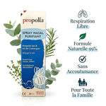 Spray nasal purifiant Propolia en flacon bleu et crème sur fond blanc
