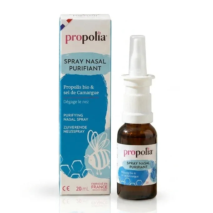 Spray Nasal Purifiant Propolia - Flacon en verre ambré avec pompe et emballage bleu