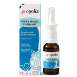 Spray Nasal Purifiant Propolia - flacon en verre ambré avec pompe blanche sur fond blanc
