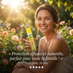 Spray MoustiCare anti-moustiques 6h - Femme souriante tenant le produit en jardin ensoleillé