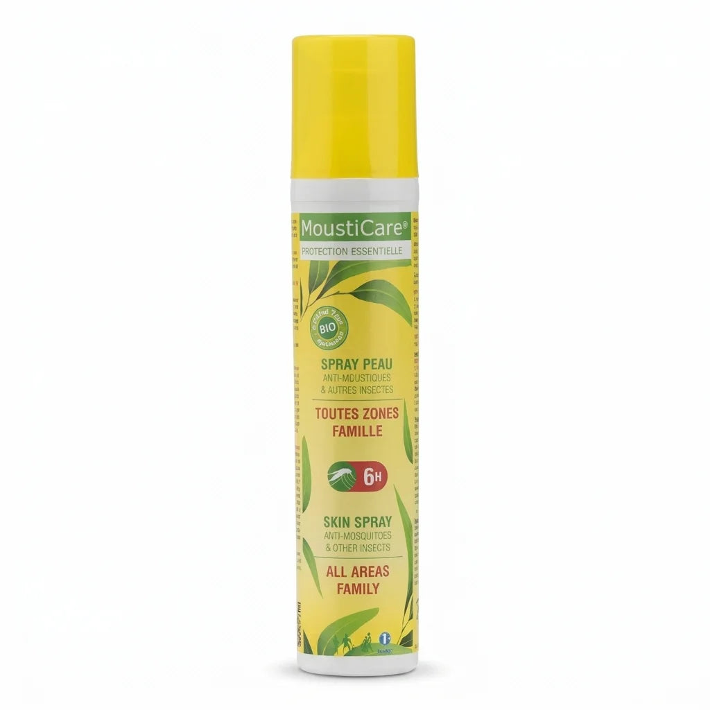 Spray Peau Famille MoustiCare - répulsif insectes pour toute la famille sur fond blanc
