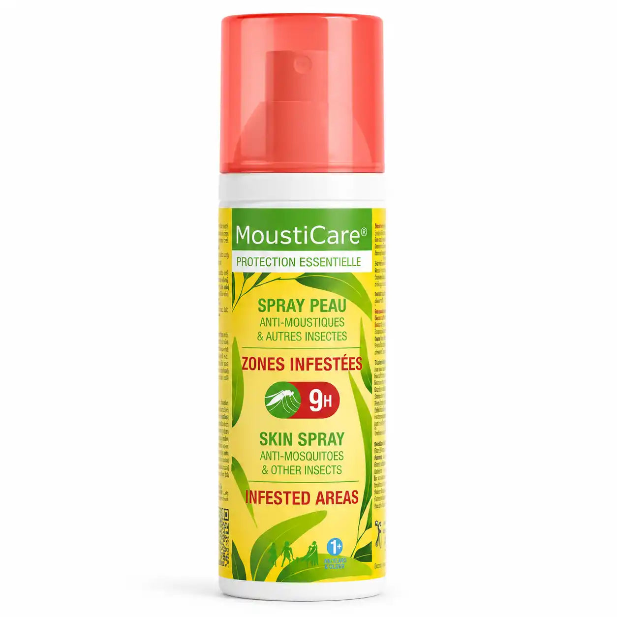 Spray MoustiCare anti-moustiques pour zones infestées, flacon rouge et jaune sur fond blanc