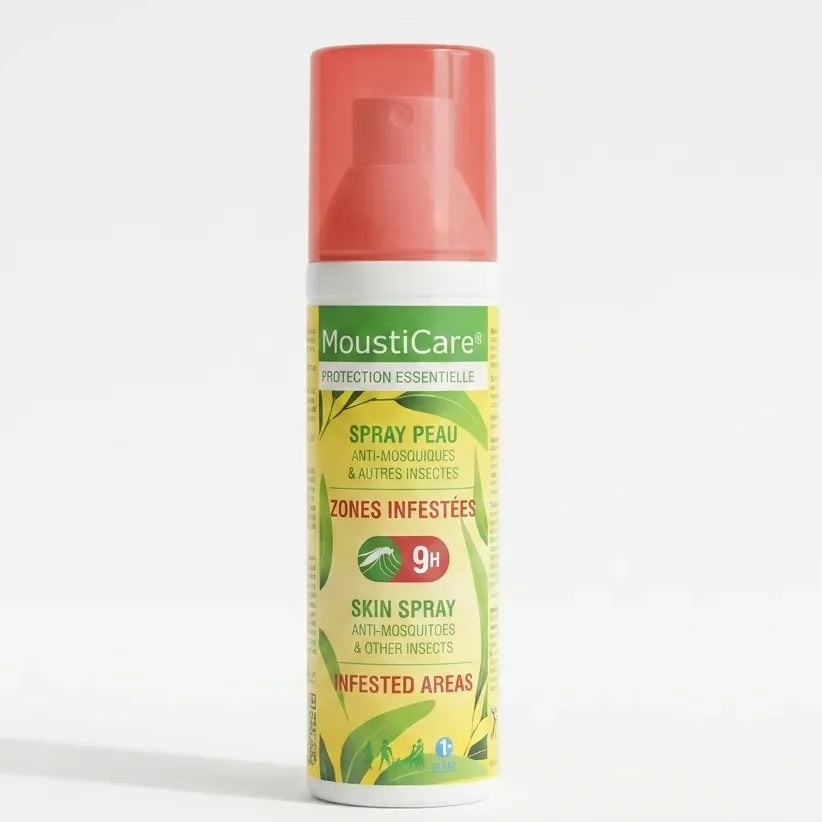 Spray MoustiCare anti-moustiques pour zones infestées, flacon rouge et jaune sur fond blanc