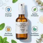 Spray gorge Argent colloïdal 20 ppm Dr Theiss avec infographie bénéfices wellness