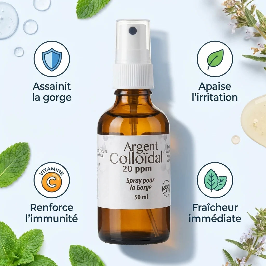 Spray gorge Argent colloïdal 20 ppm Dr Theiss avec infographie bénéfices wellness