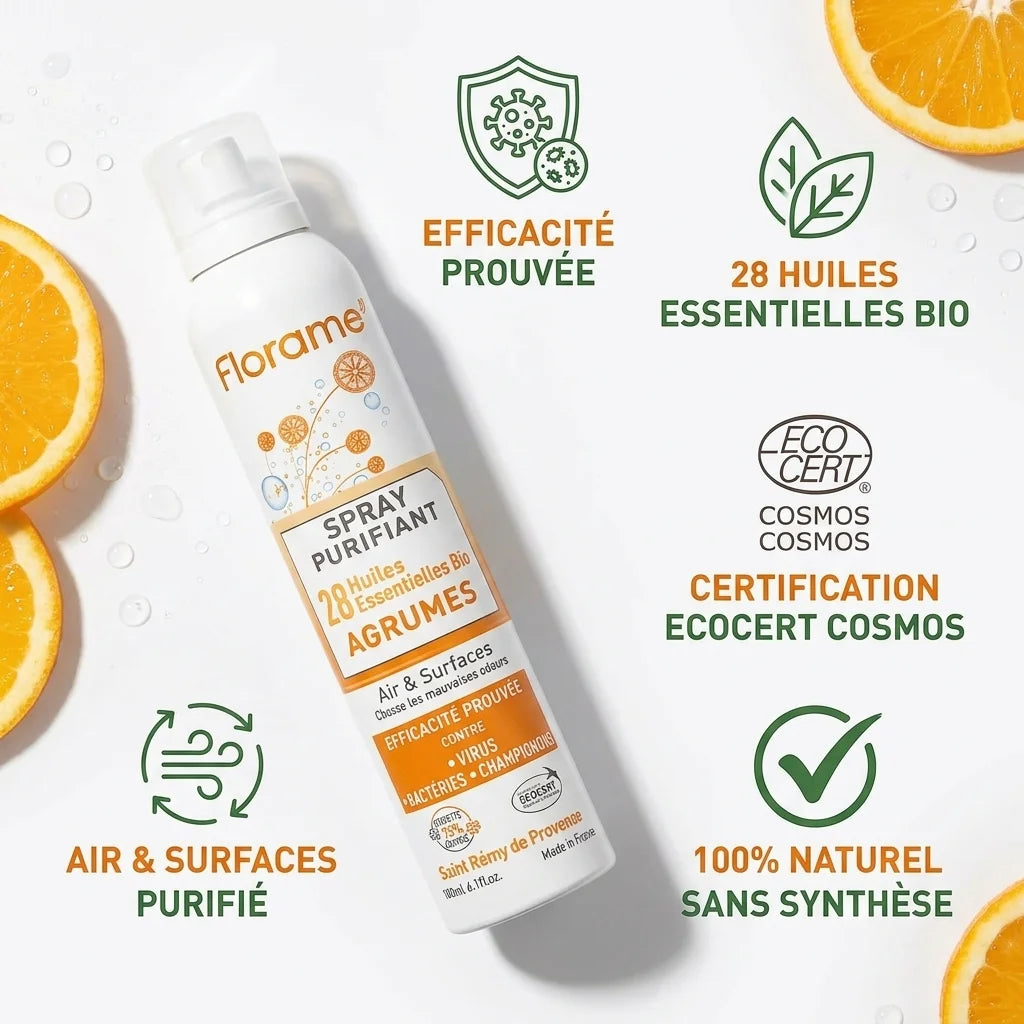 Spray Purifiant Agrumes Bio Florame avec 28 huiles essentielles, certification ECOCERT et 5 bénéfices clés