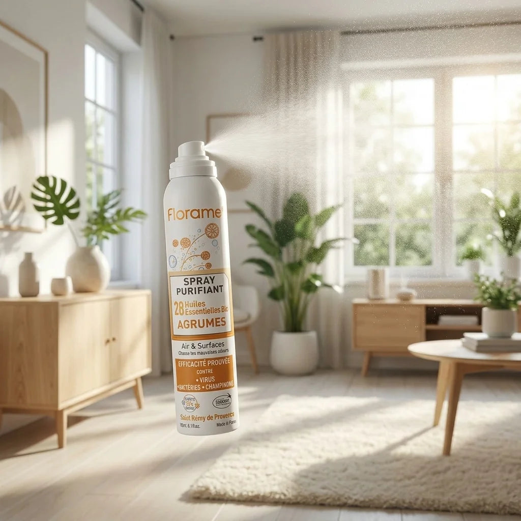 Spray Purifiant Agrumes Bio Florame en action, vaporisation dans intérieur moderne lumineux